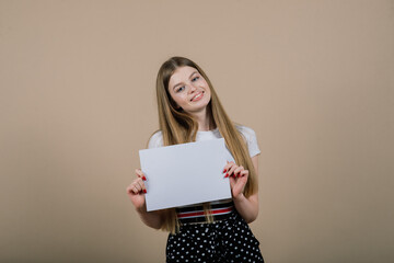 Young beautiful woman hold white banner, isolated portrait.