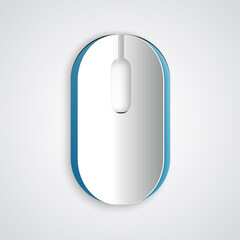 Paper cut Computer mouse icon isolated on grey background. Optical with wheel symbol. Paper art style. Vector
