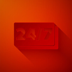 Paper cut Clock 24 hours icon isolated on red background. All day cyclic icon. 24 hours service symbol. Paper art style. Vector