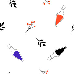 A magical collection of vector patterns. Night, Cats, stars and Potion, Seamless pattern