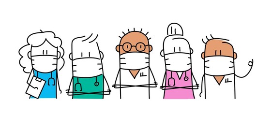 Diverse group of doctors and nurses with face masks.