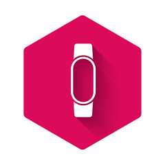 White Smartwatch icon isolated with long shadow. Pink hexagon button. Vector