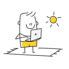Happy stickman on the beach with a laptop