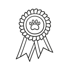 Dog award rosette doodle icon. Hand drawn medal with dog footprint as pets exhibition winner concept. Vector sketch illustration on white background.