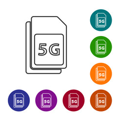 Black line 5G Sim Card icon isolated on white background. Mobile and wireless communication technologies. Network chip electronic connection. Set icons in color circle buttons. Vector