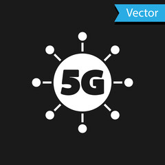 White 5G new wireless internet wifi connection icon isolated on black background. Global network high speed connection data rate technology. Vector