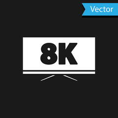 White Screen tv with 8k Ultra HD video technology icon isolated on black background. Vector