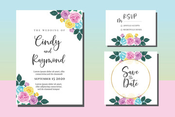 Obraz na płótnie Canvas Wedding invitation frame set, floral watercolor hand drawn Colorful Rose Flower design Invitation Card Template
