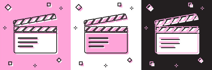 Set Movie clapper icon isolated on pink and white, black background. Film clapper board. Clapperboard sign. Cinema production or media industry. Vector