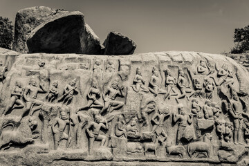 Very Old and Rare Ancient Pictures Of Arjuna penance is UNESCO's World Heritage Site located at Mamallapuram or Mahabalipuram in Tamil Nadu, South India