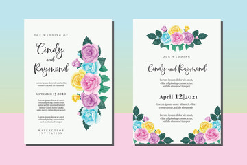 Wedding invitation frame set, floral watercolor hand drawn Colorful Rose Flower design Invitation Card Template