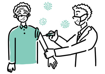 高齢者男性にワクチン接種する医師のイラスト