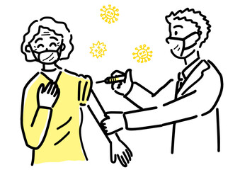 高齢者女性にワクチン接種する医師のイラスト