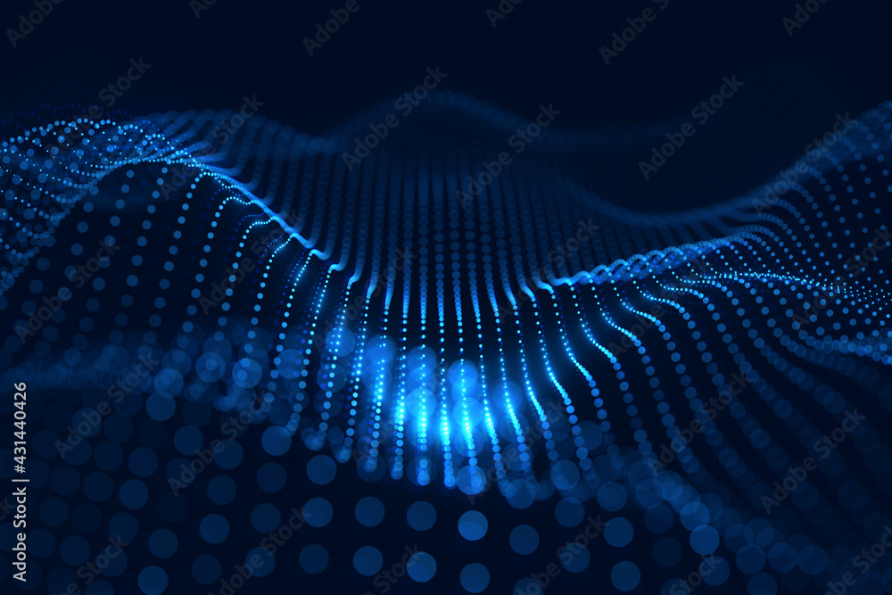 Leinwandbilder Moving neon blue dots pattern forming a digital network connection on dark background