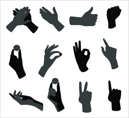 Vector illustration of hand silhouettes. Image of forefinger, like, applause, presentation, fist, gestures.
