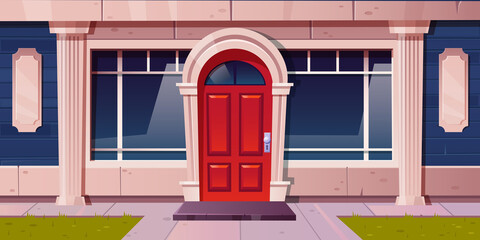 Store window, shop building glass facade, luxury house exterior of grey stone, blue bricks and red wooden arched door with rug at doorstep, fashion vintage boutique style, Cartoon vector illustration