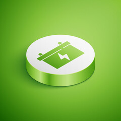 Isometric Car battery icon isolated on green background. Accumulator battery energy power and electricity accumulator battery. White circle button. Vector