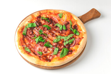Fresh tasty pizza on white background. Traditional Italian pizza with grilled sausages and arugula over white.