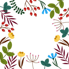 Template on a white background with abstract leaves and flowers. Made in a flat style. Vector.