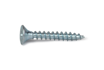 Zinc-plated self-tapping screw with a countersunk headite background. - obrazy, fototapety, plakaty
