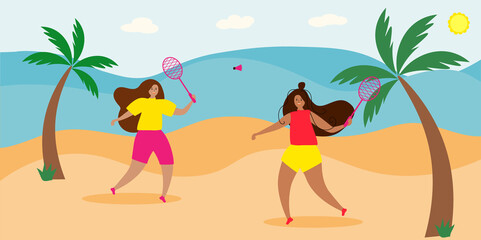 Postcard with girls who play badminton on the beach.