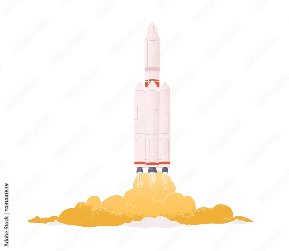 Poster intergalactic rocket launch. spaceship takeoff with fire flames from engine. spacecraft taking off. 