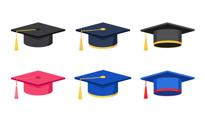 Graduation cap set, education hat with tassel vector