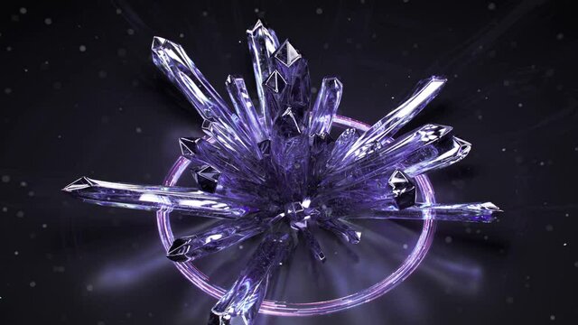 Fly around druse of purple amethyst raw crystals. 3D render seamless loop animation