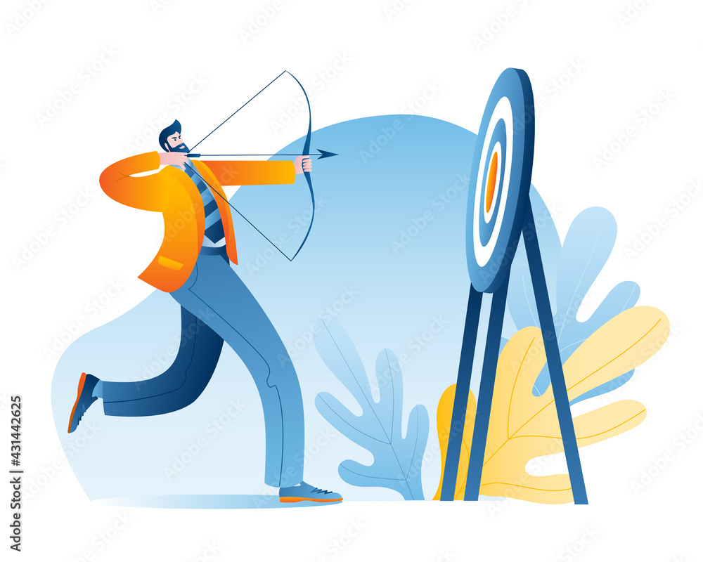 Poster a businessman with a bow and arrow chooses a target. the concept of a vector illustration with a cha