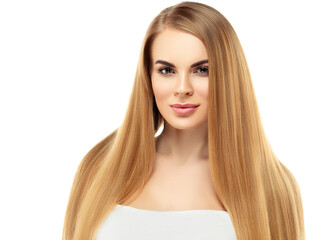 Beautiful woman with long blonde hairstyle healthy beauty skin natural make up