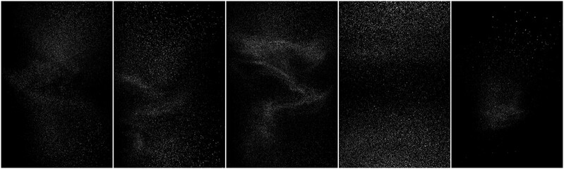 Set of distressed white grainy texture. Dust overlay textured. Grain noise particles. Snow effects pack. Rusted black background. Vector illustration, EPS 10.  