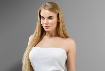 Beautiful woman with long blonde hairstyle healthy beauty skin natural make up