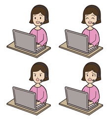 パソコン入力をしながら電話応対をする20代から30代女性 コールセンター 表情パターン ななめ