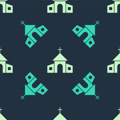 Green and beige Church building icon isolated seamless pattern on blue background. Christian Church. Religion of church. Vector