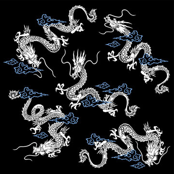 A collection of materials depicting dragons in Japanese style,