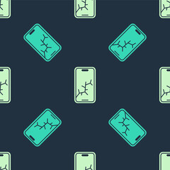 Green and beige Smartphone with broken screen icon isolated seamless pattern on blue background. Shattered phone screen icon. Vector
