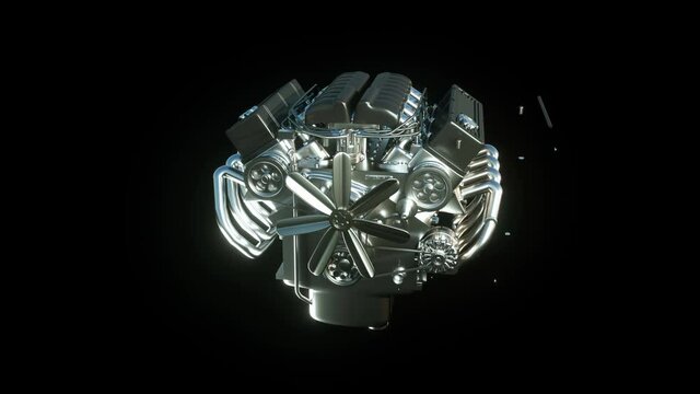 Building car engine from parts, 3d animation