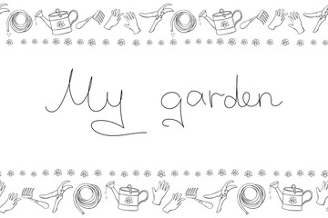 Vector hand drawn border, frame of outline flowers and garden equipments. Horizontal top and bottom edging, seamless pattern, ornament, decorative element with tools gardening in doodle style