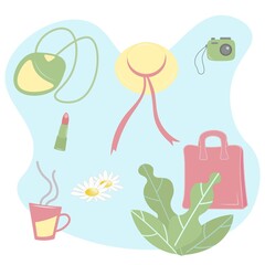 Summer set with women's accessories. Bag, camera, lipstick, cup of coffee. Delicate vector illustration on a blue background.