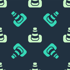 Green and beige Traffic cone icon isolated seamless pattern on blue background. Vector