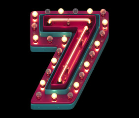 Lamp and neon font. Red and blue metal. Number 7. 
