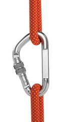 Steel carabiner hook with a climbing rope isolated on white. 3d rendering