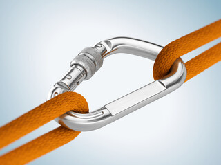 Steel carabiner hook with a climbing rope. Reliability, support concept. 3d rendering - obrazy, fototapety, plakaty