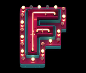 Lamp and neon font. Red and blue metal. Letter F. 