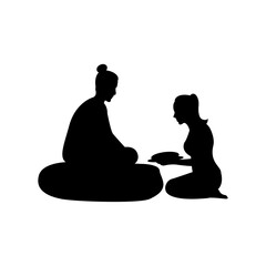 black silhouette design with isolated white background of lord of buddha receive food from woman