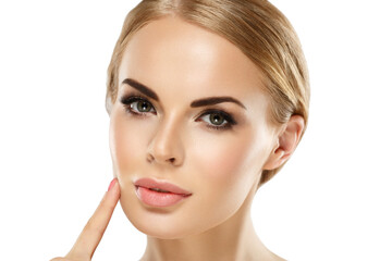 Obraz premium Beautiful young woman with healthy clean skin natural make up healthy blonde hair beautiful eyes and lips