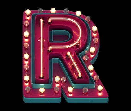 Lamp and neon font. Red and blue metal. Letter R. 
