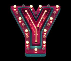 Lamp and neon font. Red and blue metal. Letter Y. 