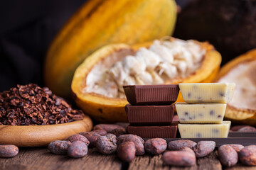 cocoa pods, beans and powder on wooden table, top view