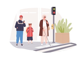 Blind person in glasses with cane stick crossing street at crosswalk. Modern city infrastructure for disabled people inclusion. Colored flat vector illustration of handicapped woman isolated on white
